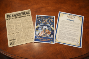 Murder Mystery Invite for Murder at Gatsbys Gala with Character description