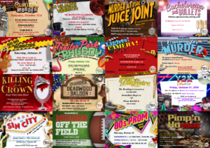 Collage of Downloadable Murder Mystery Party Invitations from Night of Mystery