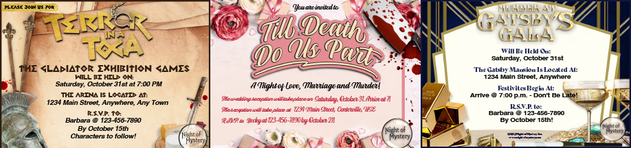 Collage of Downloadable Murder Mystery Party Invitations from Night of Mystery
