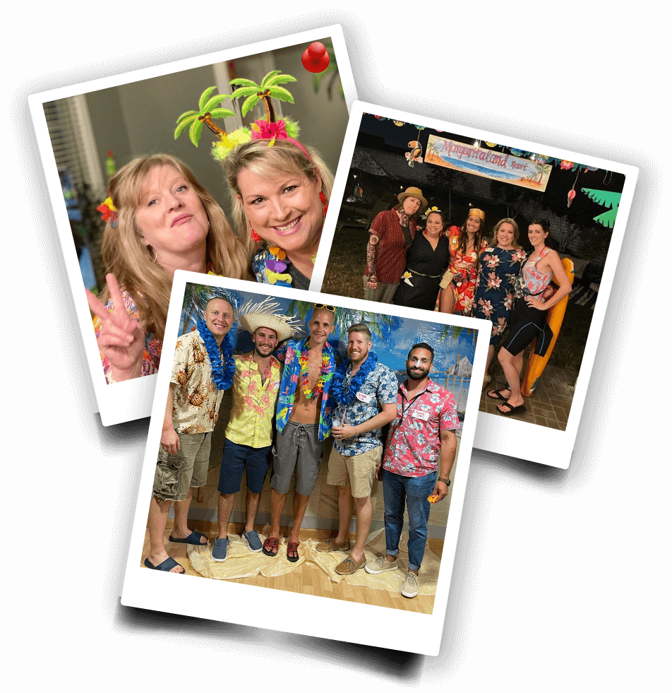 Collage of party photos featuring guests in tropical attire at a Margaritaland-themed murder mystery event.