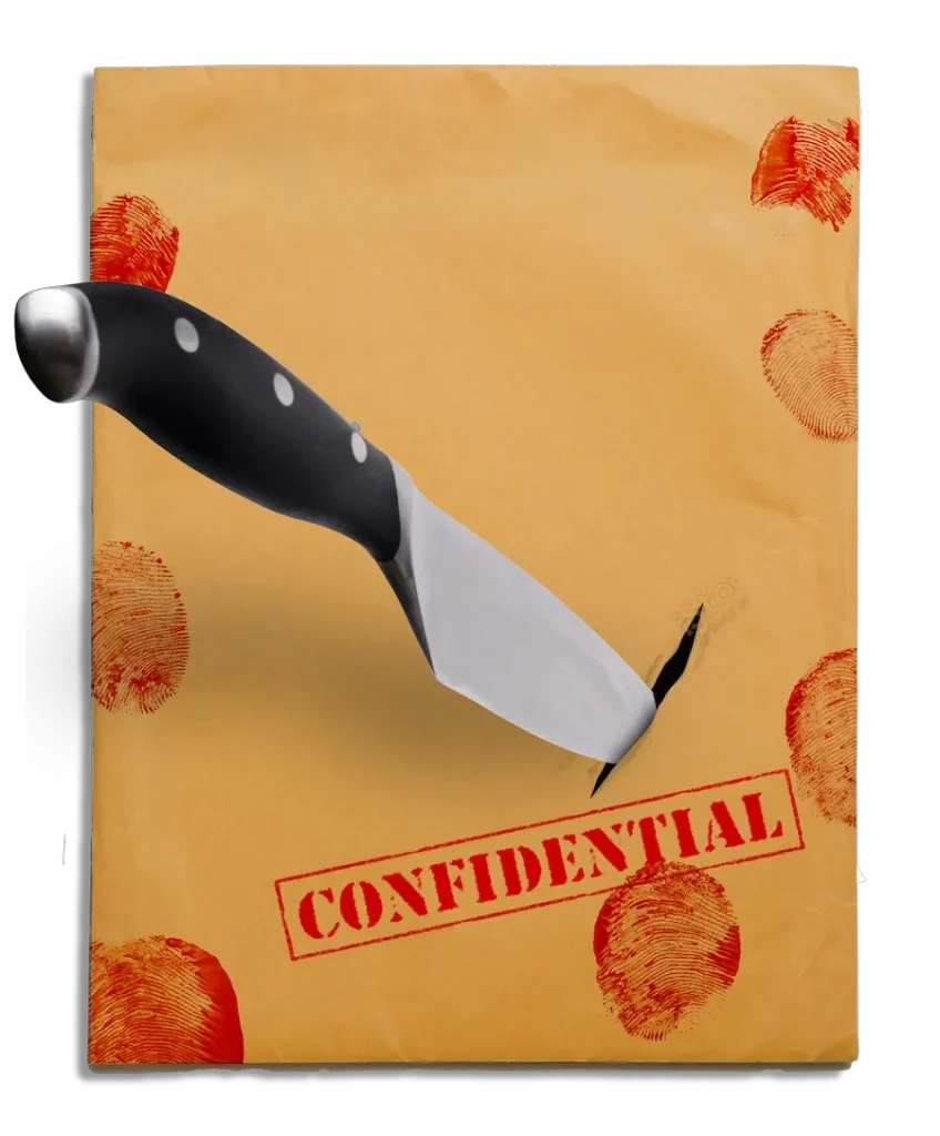 Manila envelope with a knife piercing through it, marked with red fingerprints and a 'CONFIDENTIAL' stamp.