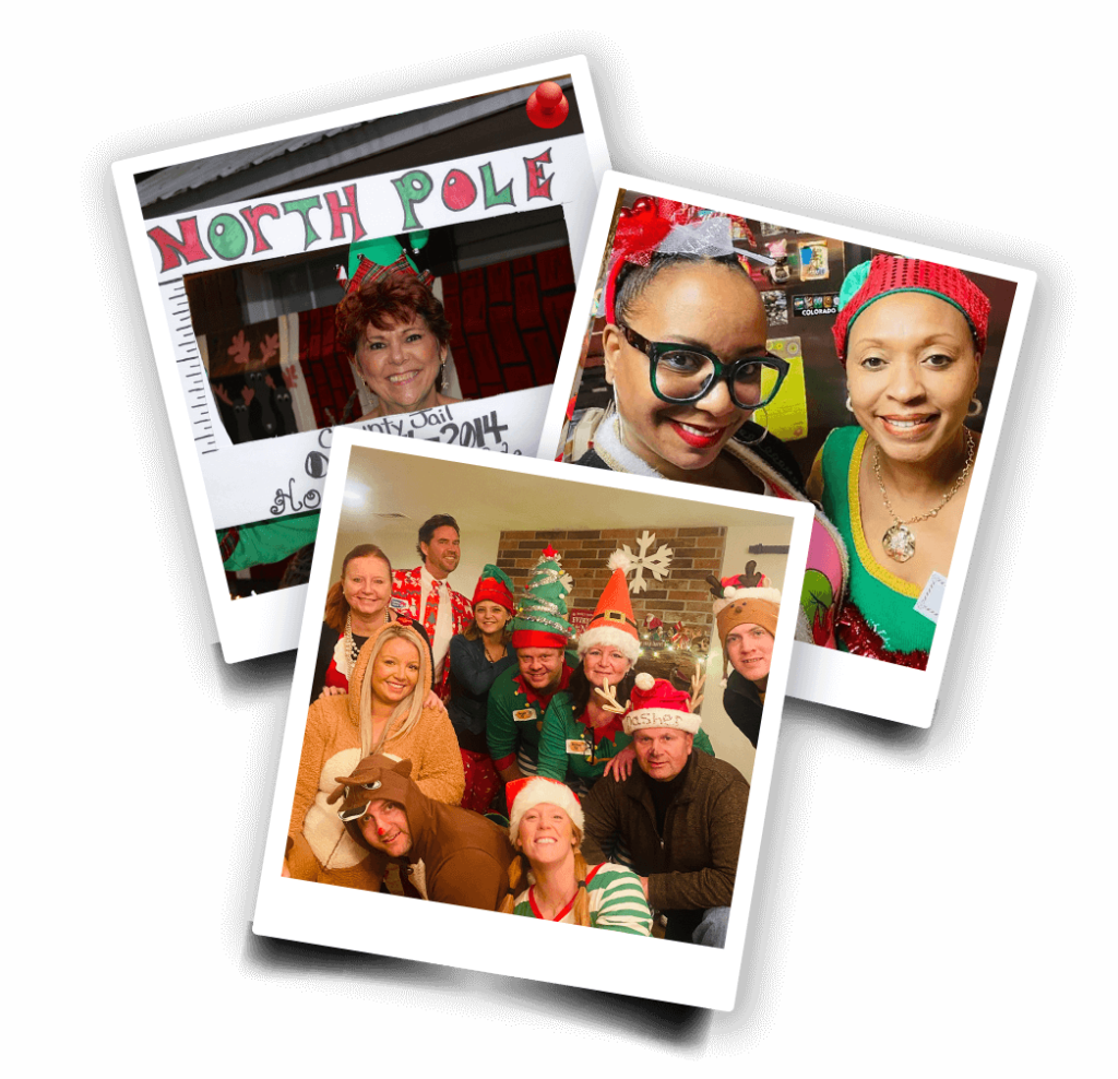 Collage of festive holiday party photos featuring groups of people in Christmas-themed outfits and decor.