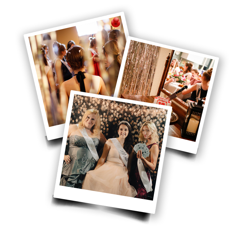 Collage of images from a murder mystery party, featuring women in pageant sashes, a party scene, and event decor.