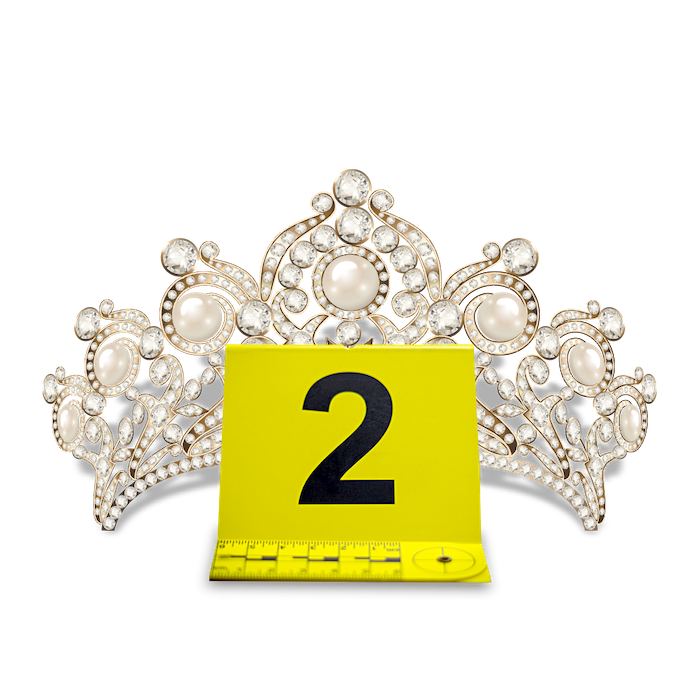 Pageant crown with a yellow evidence marker, adding a mysterious twist to a murder mystery theme.