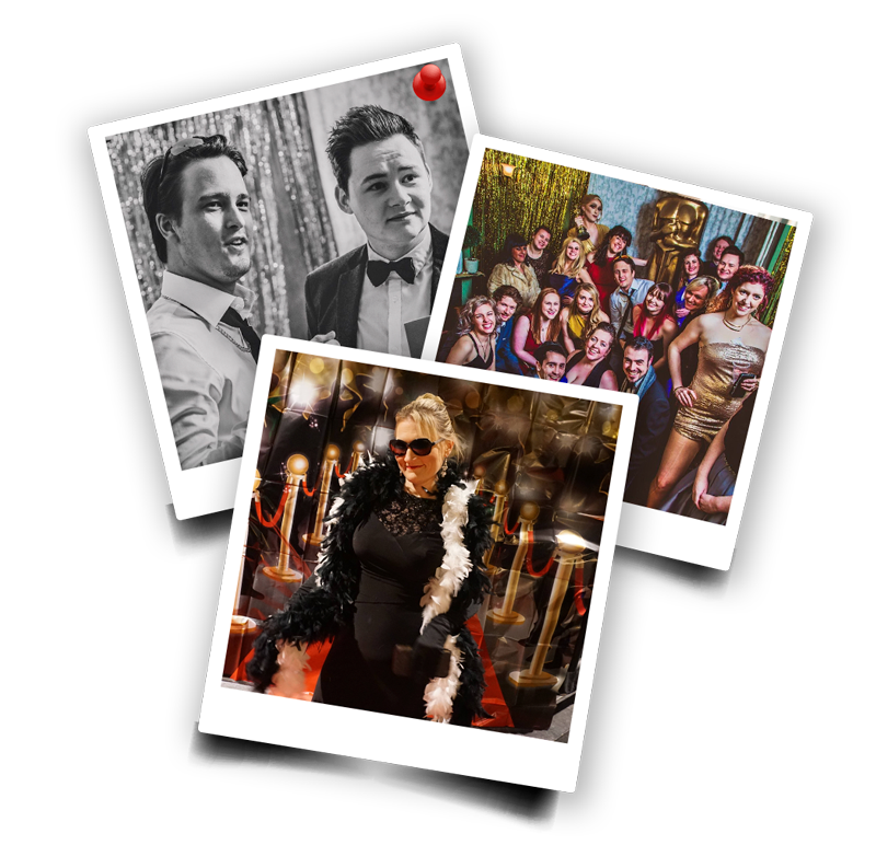 Polaroid collage of glamorous murder mystery party moments, featuring guests in elegant attire and themed decorations.
