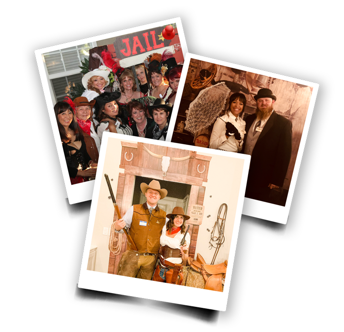Polaroid-style photos of guests dressed in Wild West costumes at a murder mystery party.
