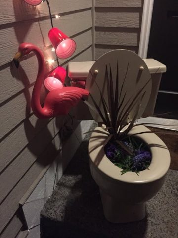 a toilet with a red ribbon tied to it