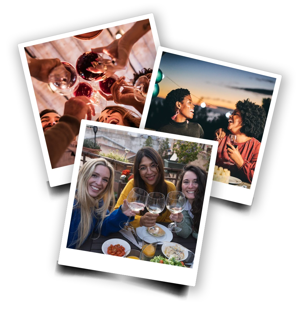Polaroid photos from 'A Deadly Vintage' murder mystery game, featuring friends toasting with wine and enjoying meals.