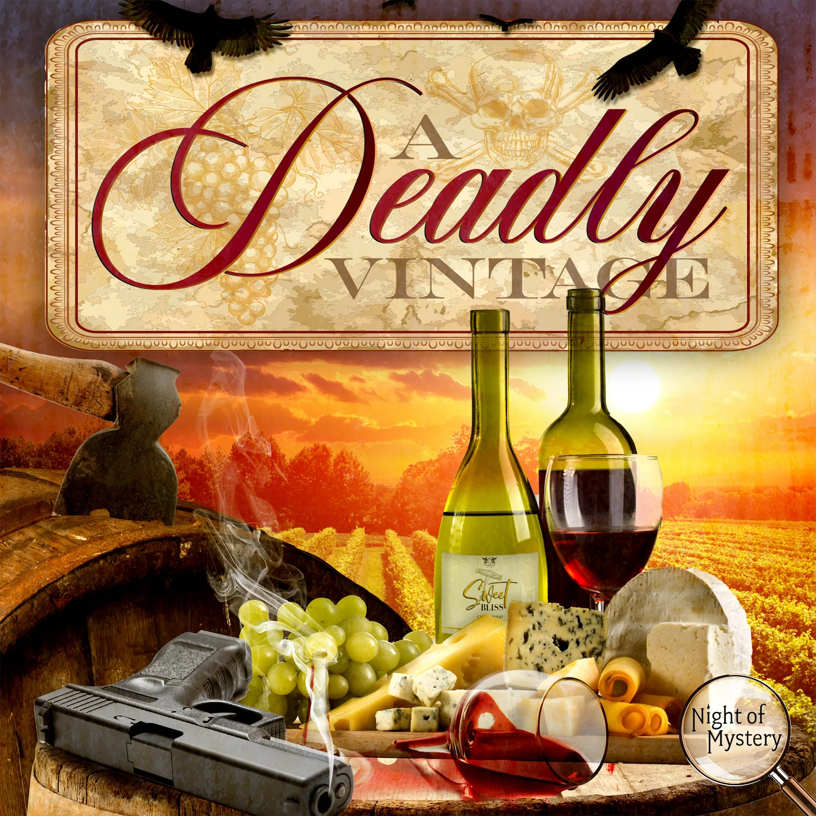 A Deadly Vintage' murder mystery game featuring wine bottles, cheese, grapes, a smoking gun, and a vineyard backdrop.