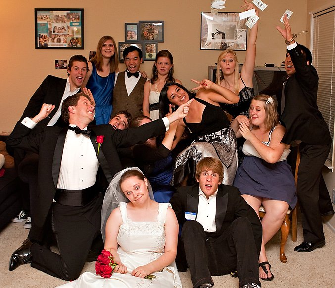 teens playing a wedding murder mystery party game Till Death Do Us Part