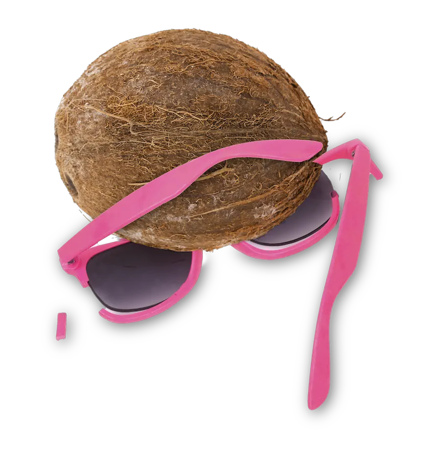 A coconut wearing broken pink sunglasses, representing a playful Margaritaland murder mystery theme.