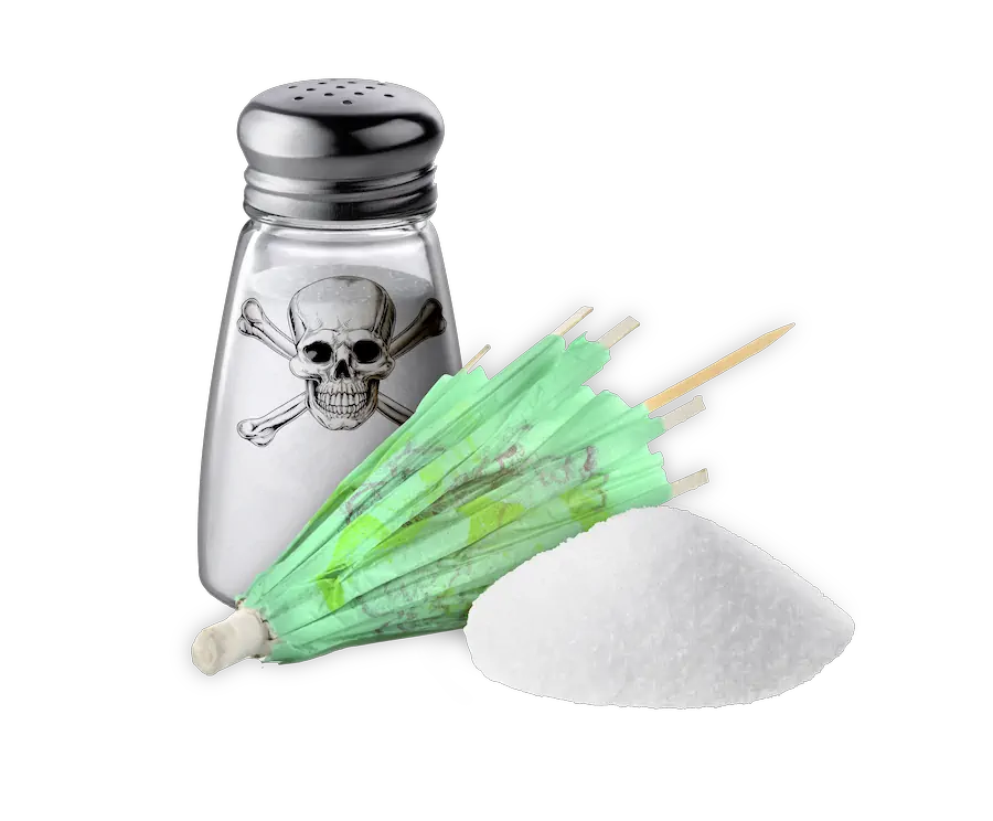 Salt shaker with a skull and crossbones design, a green cocktail umbrella, and a small pile of salt.