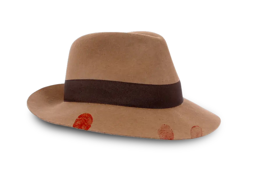 Brown fedora hat with a black band and red fingerprint marks.