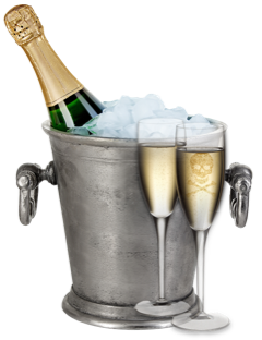 Champagne bottle in an ice bucket with champagne flutes featuring a skull design, perfect for a murder mystery theme.