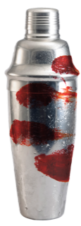 Silver cocktail shaker with bloody handprints, a prop for a murder mystery theme.