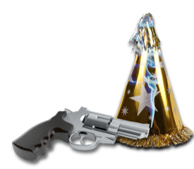 Silver revolver next to a gold New Year's Eve party hat with stars and tinsel.