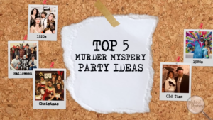 collage of different murder mystery party themes including 1920s speakeasy, trailer park, and medieval castle