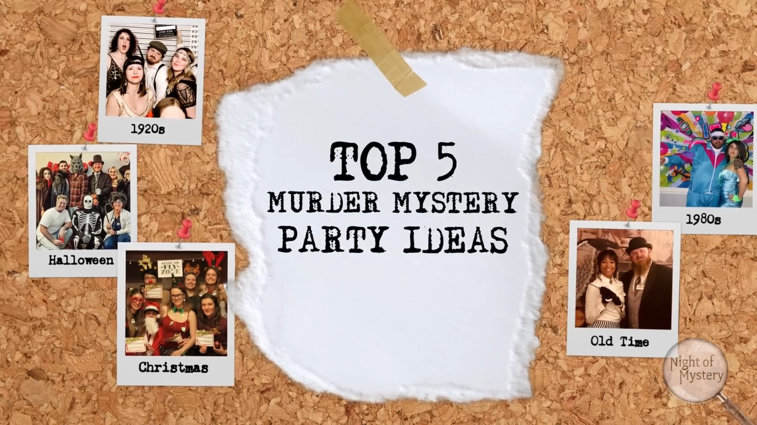collage of different murder mystery party themes including 1920s speakeasy, trailer park, and medieval castle