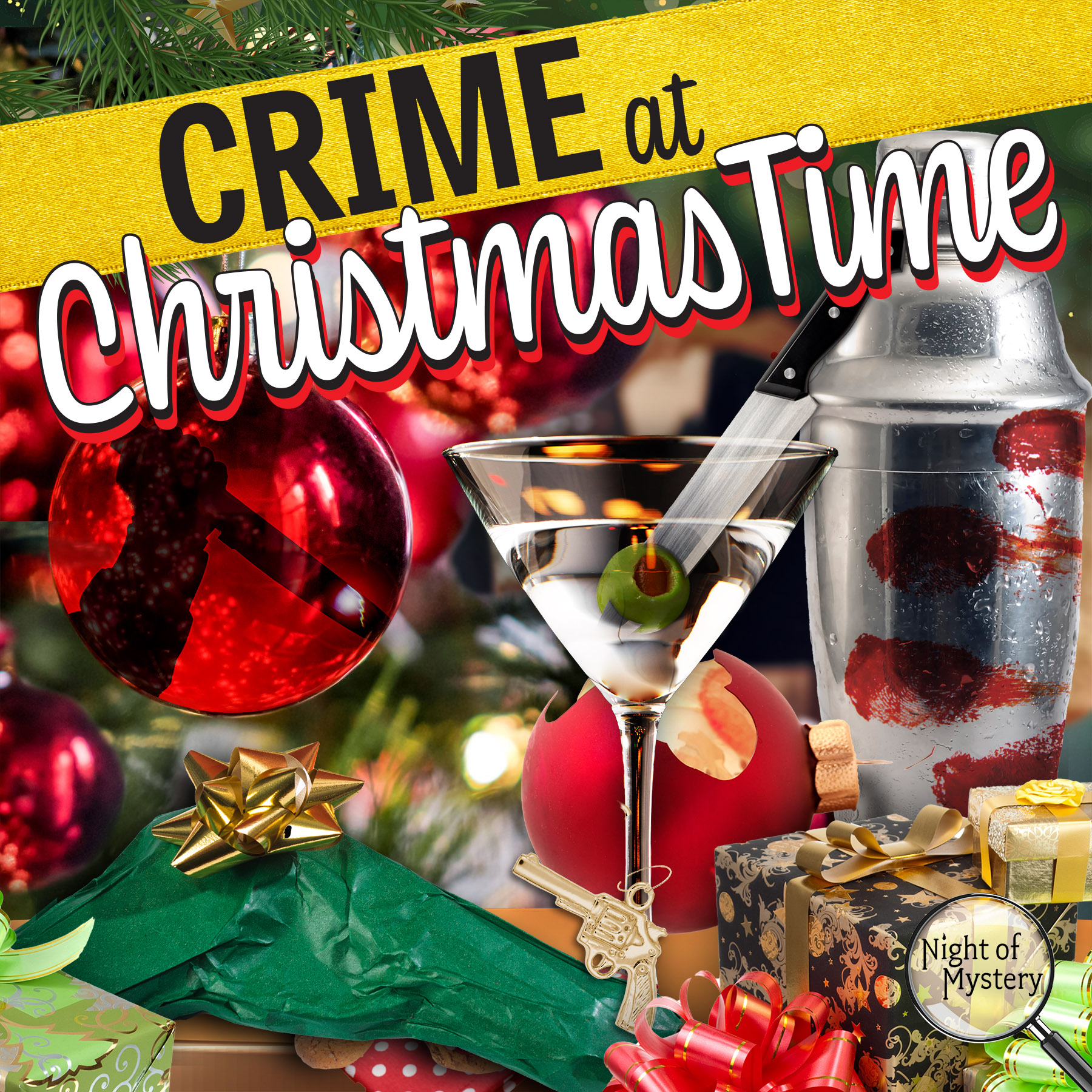 Martini glass with knife, blood-stained shaker, and Christmas decorations, with 'Crime at Christmas Time' text.