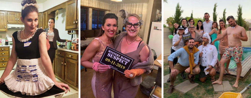 Night of Mystery | Friendsgiving Games for Adults: Easy Ideas for an Epic Party People wearing costumes and posing for photos at a murder mystery themed party