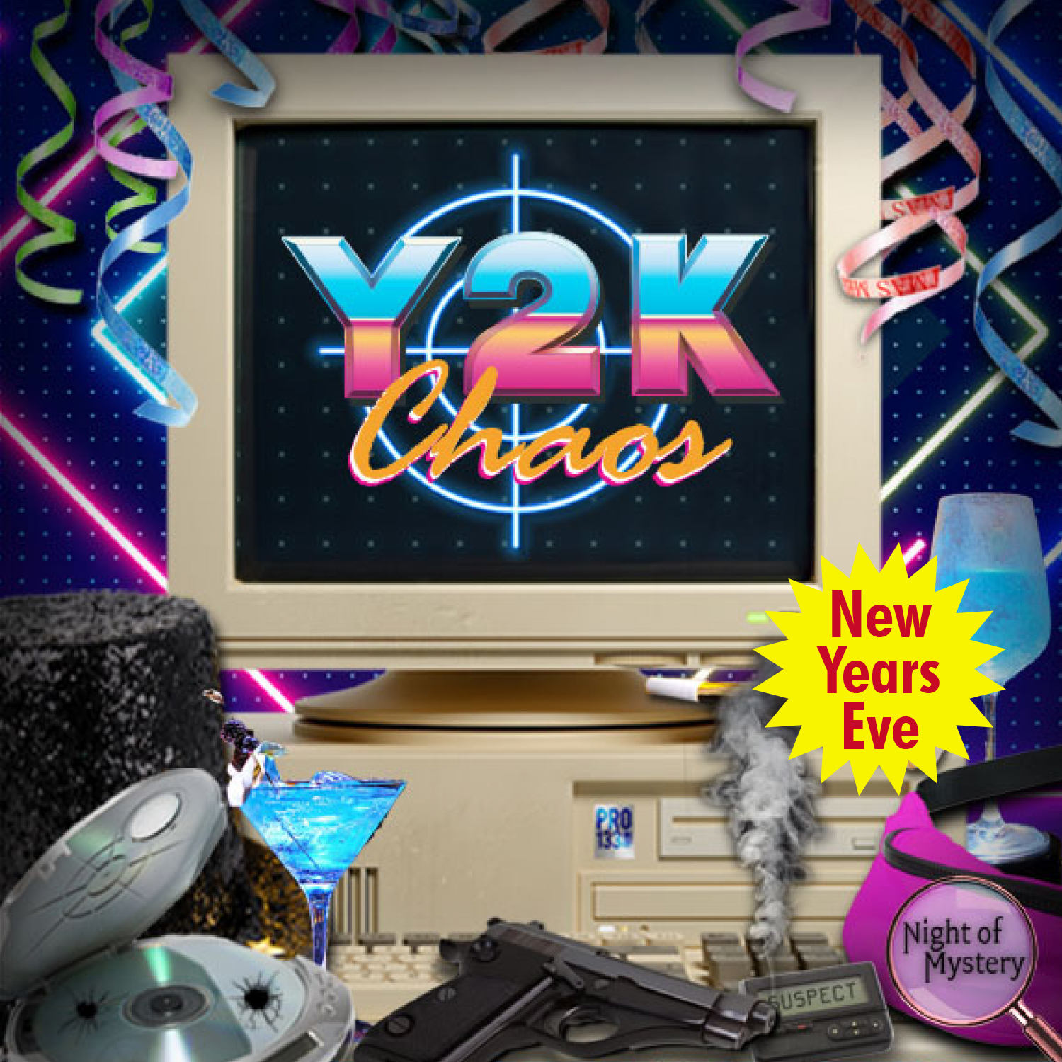y2k chaos murder mystery party game kit nye square logo