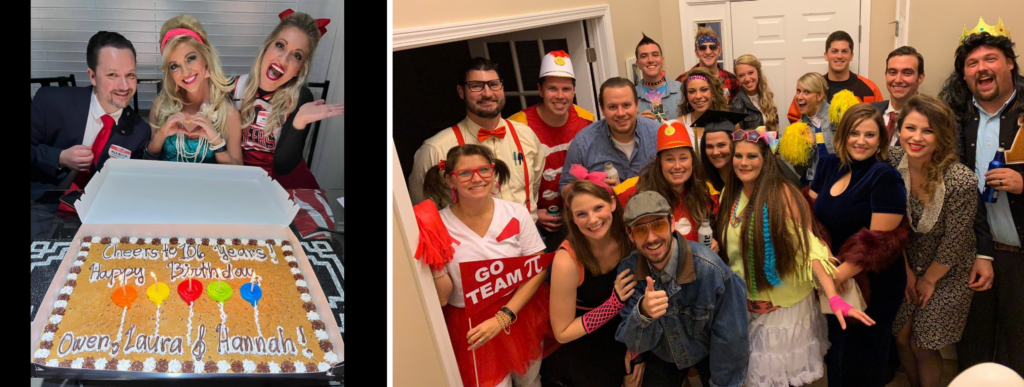 Night of Mystery | Why a Murder Mystery is the Perfect Birthday Party Theme People in themed costumes celebrating at parties, featuring a group posing next to a large birthday sheet cookie, and a large group dressed in retro 80s, 90s, nerd, and high school styles