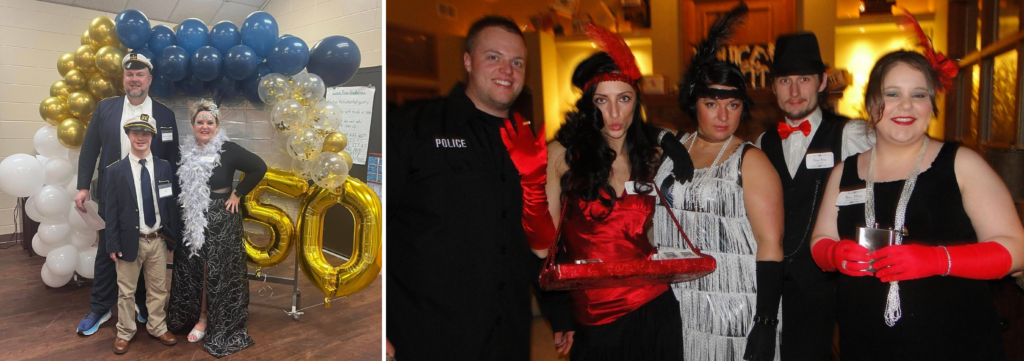 Night of Mystery | Why a Murder Mystery is the Perfect Birthday Party Theme People in themed costumes posing at parties, featuring a group in 1920s flapper fashion and a group in western cowboy attire