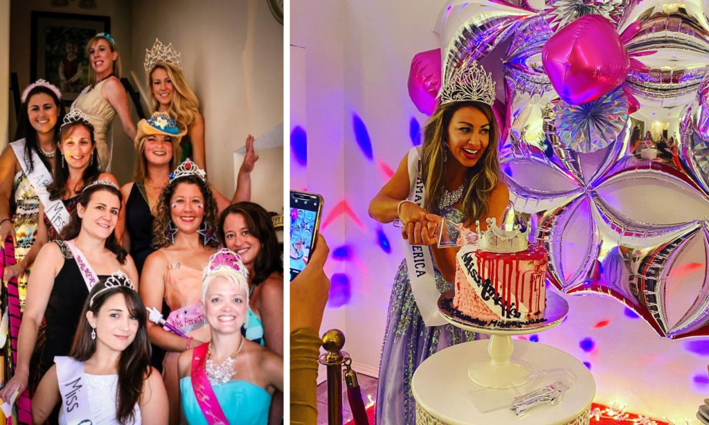 Night of Mystery | Why a Murder Mystery is the Perfect Birthday Party Theme People wearing pageantry tiaras, sashes, and formal gowns celebrating at a Miss America or pageant-themed party, featuring a group photo on a staircase and a woman cutting a themed birthday cake