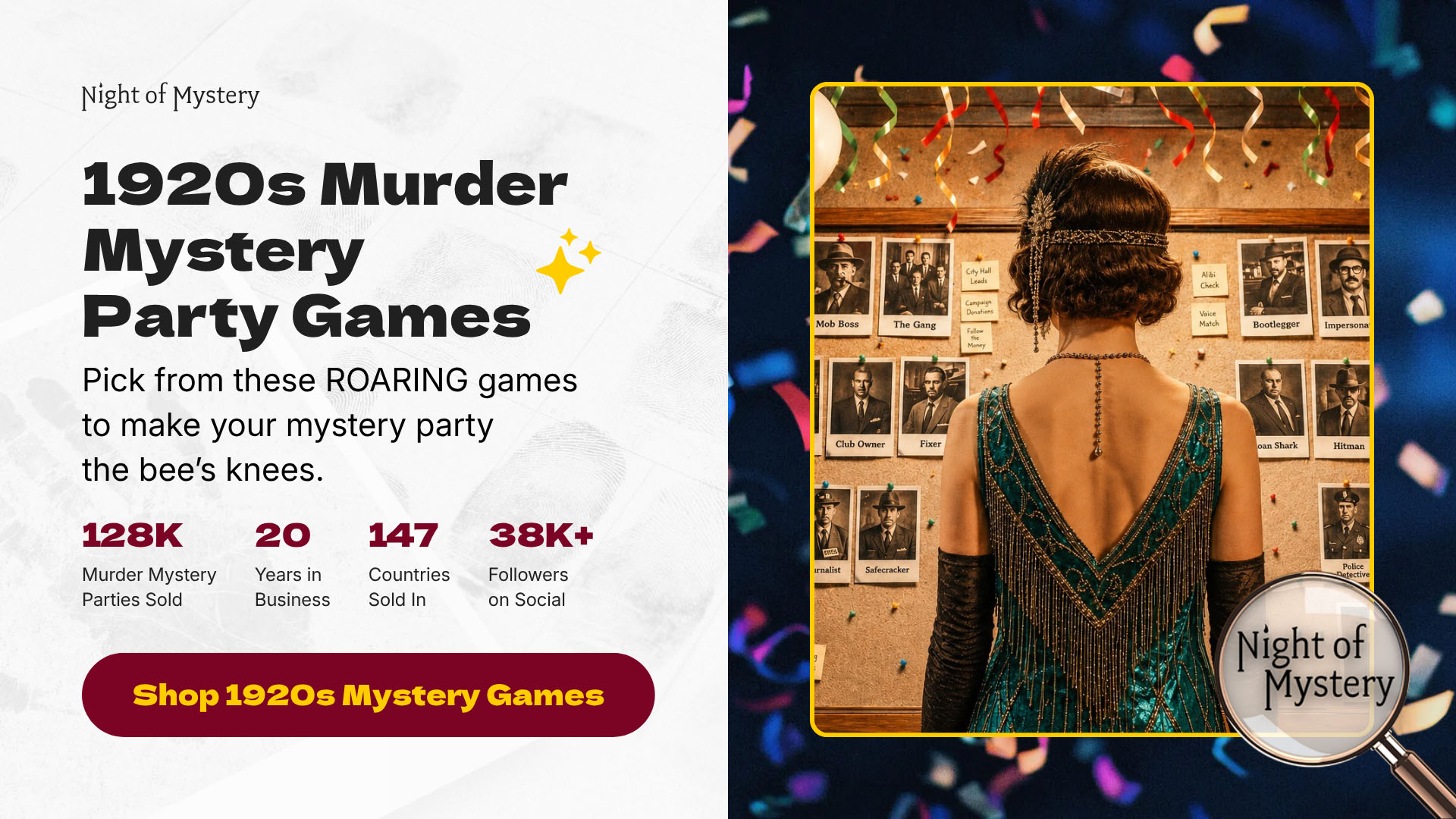 Night of Mystery | Speakeasy Murder Mystery Party Ideas | Crime & Cocktails POM Shop 1920s Murder Mystery parties