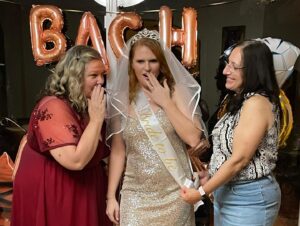 Wedding murder mystery party with bridal party in costume solving a mystery