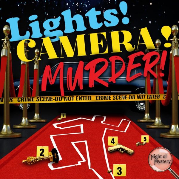 Night of Mystery | Girls’ Night In Ideas: A Mystery-Filled Evening With Your Crew Lights! Camera! MURDER! mystery game logo square