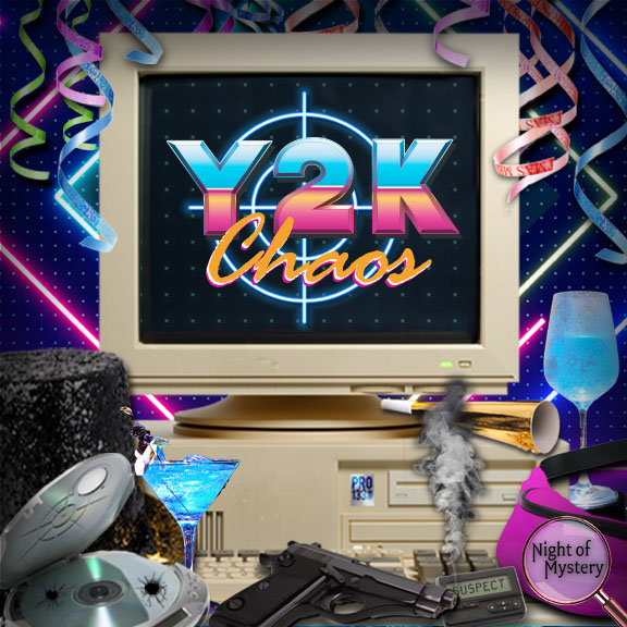 y2k chaos murder mystery party game kit square logo