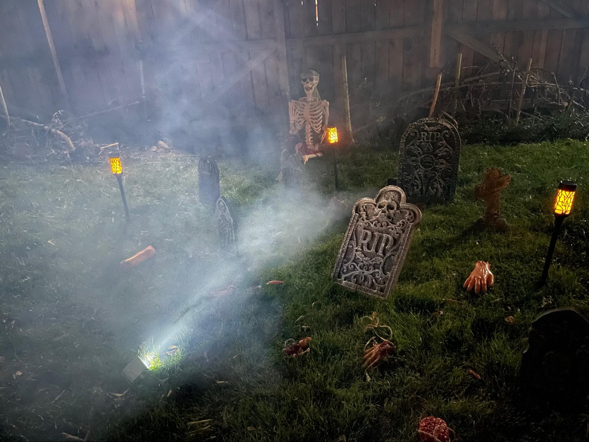 Dry ice fog used safely in Halloween setup.