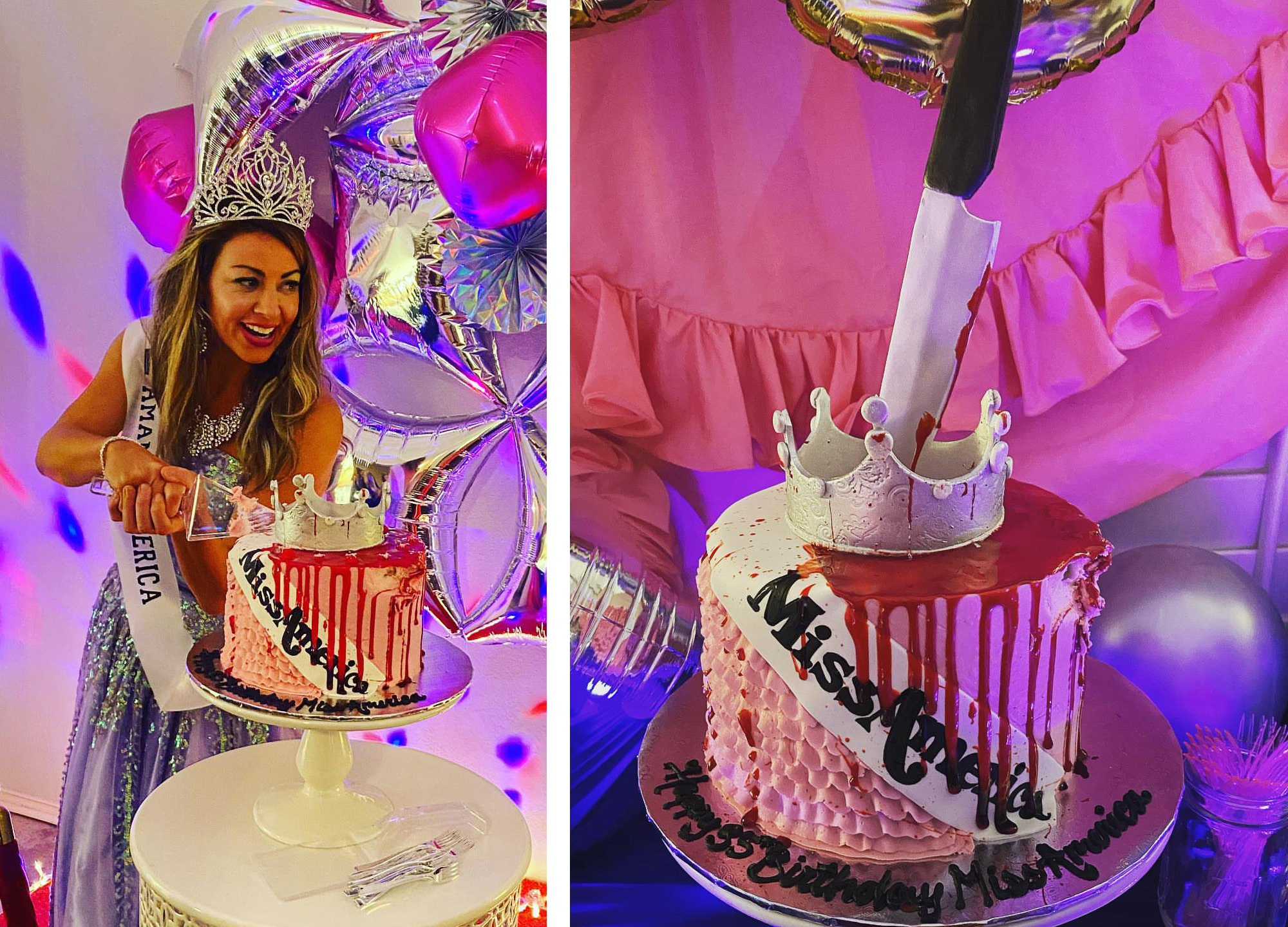 Guests enjoying a slice of murder mystery party cake.