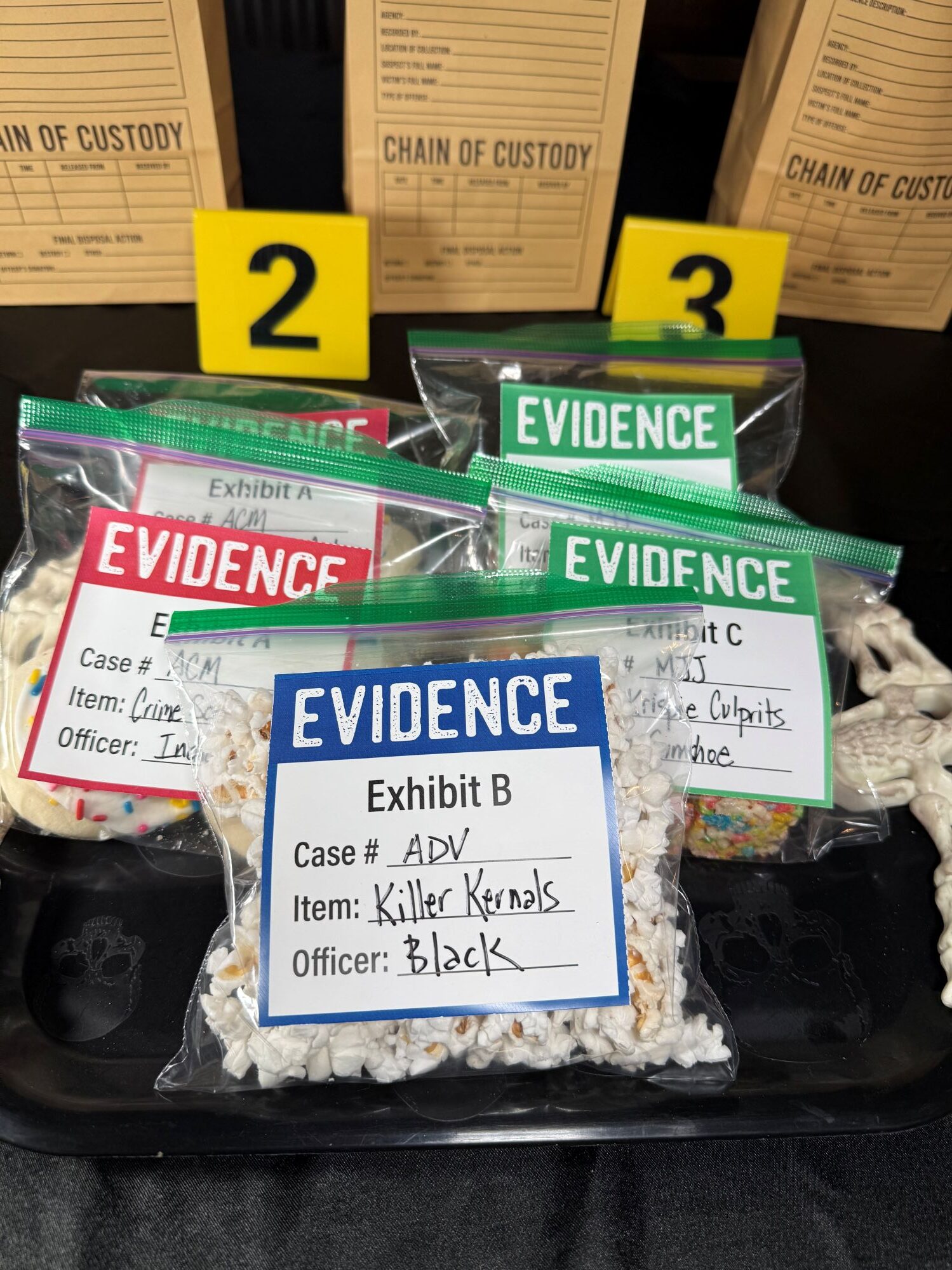 Evidence bag with Halloween snack labeled.
