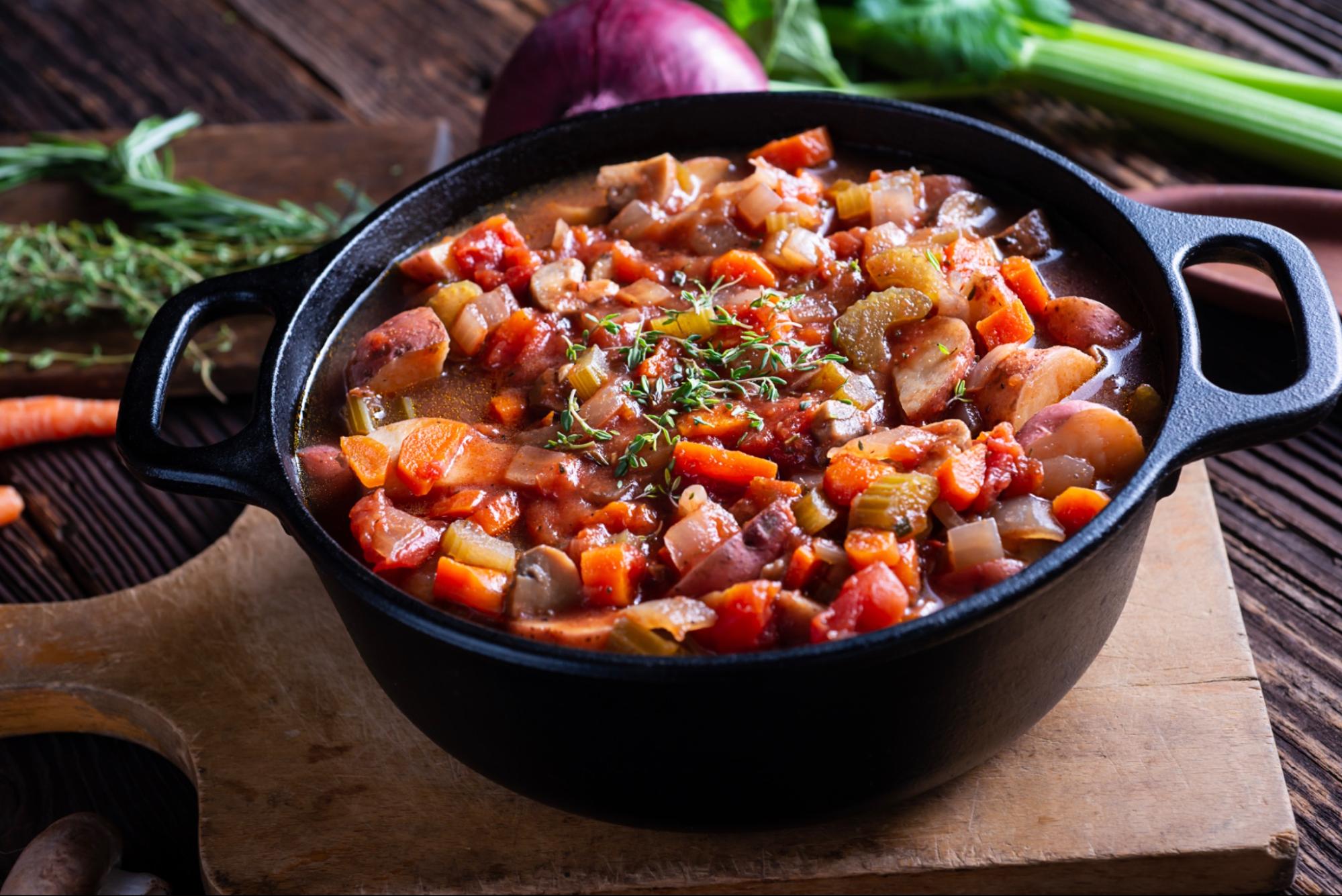 Halloween stew served in a cauldron at a party