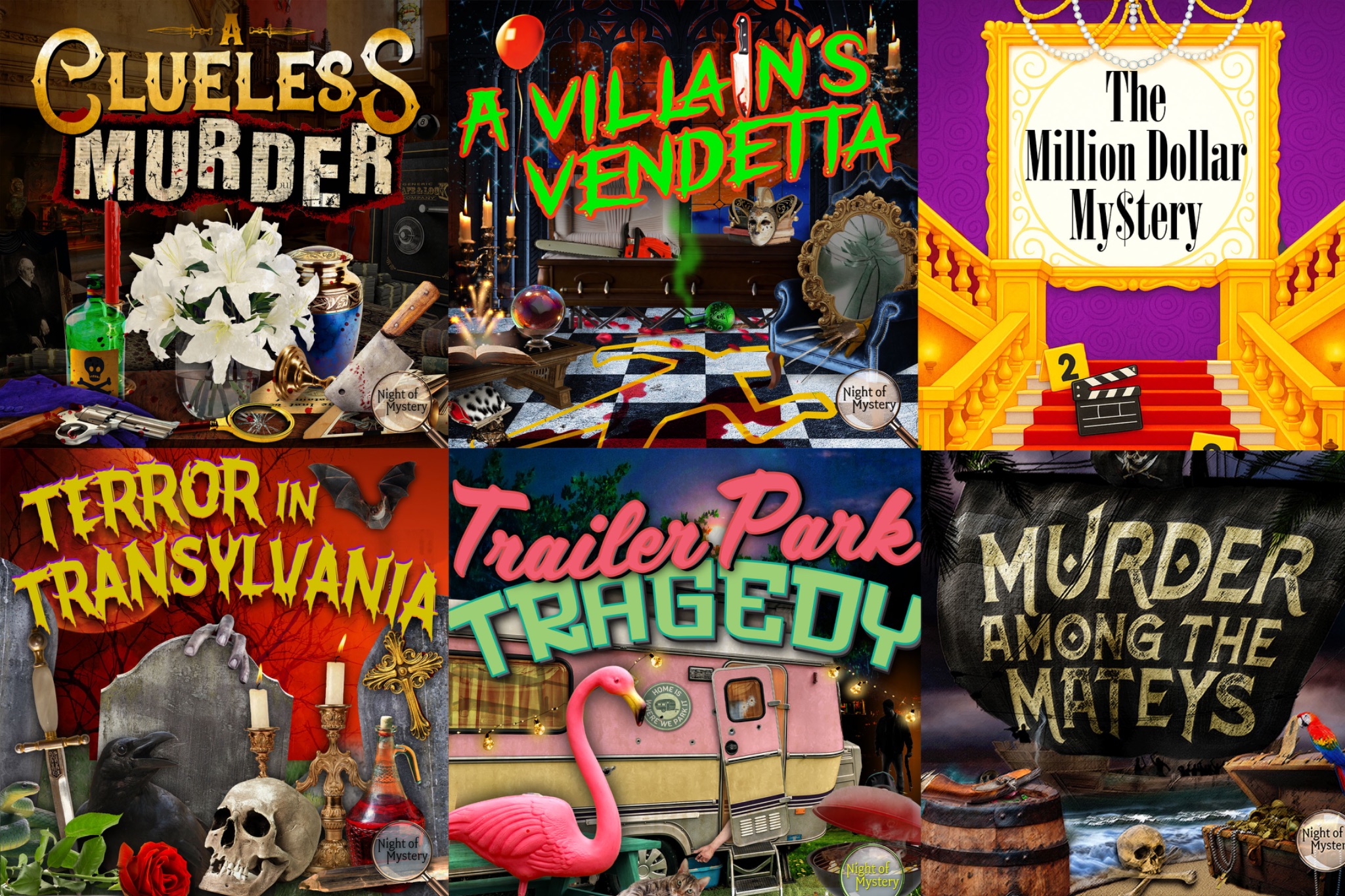 Collage of different Halloween murder mystery themes.