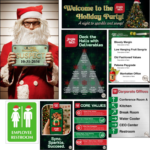 Printable materials from Holly Jolly Company Folly murder mystery party kit for corporate holiday events