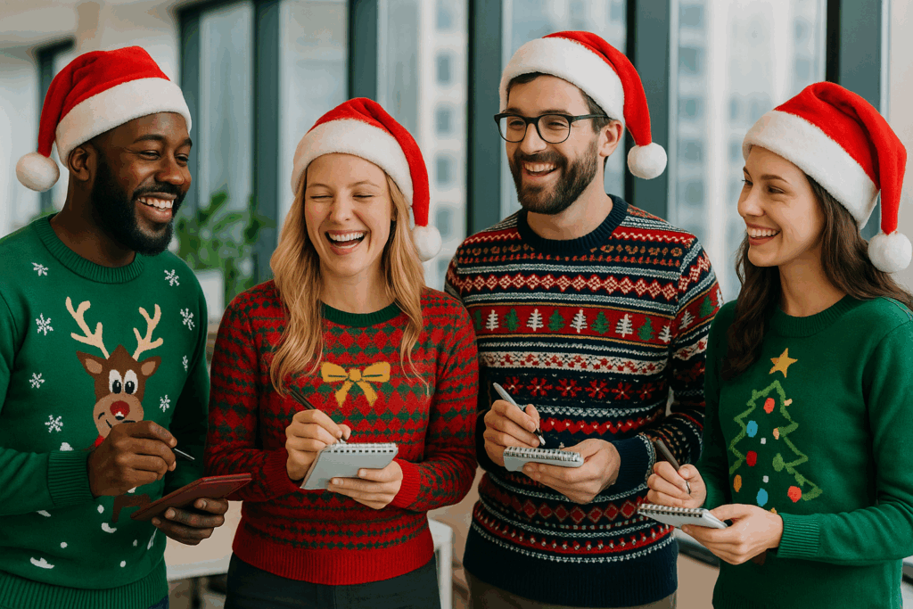 Office holiday party guests in ugly Christmas sweaters playing murder mystery game Holly Jolly Company Folly.