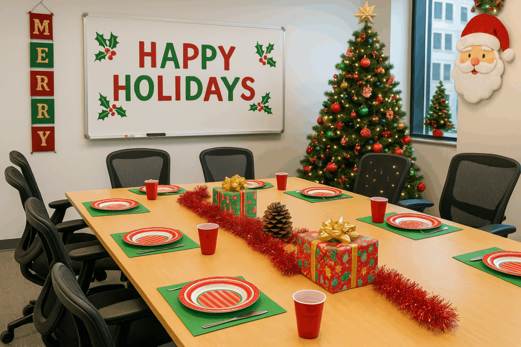 Office decorated for winter holiday party with festive lights and murder mystery suspect board.