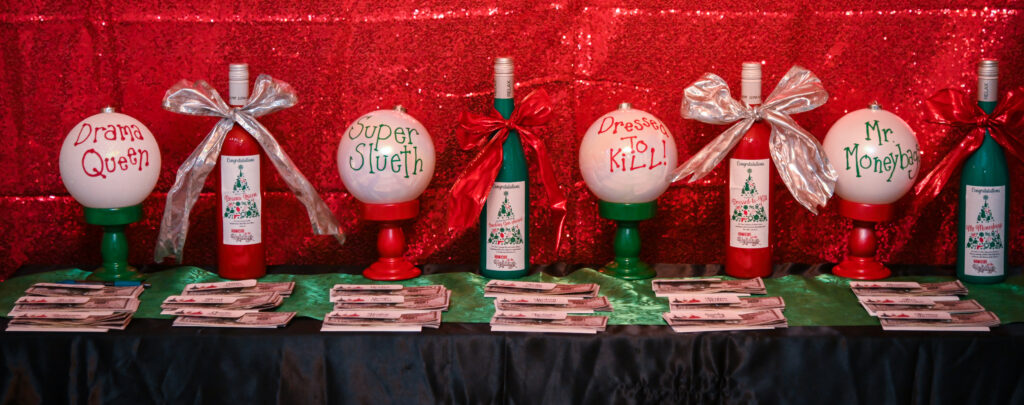 Holiday decorations repurposed as DIY crime scene for a mystery party.