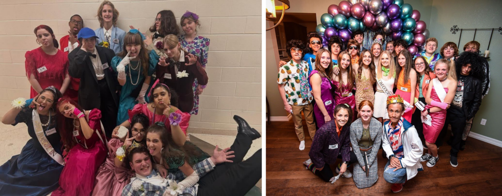 Night of Mystery | Teen & Tween Mystery Party Games: A Birthday Party Idea They’ll Actually Love People dressed in retro 1980s prom-themed fashion posing at a party