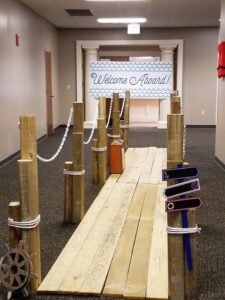 Cruise themed party decor of a gangplank