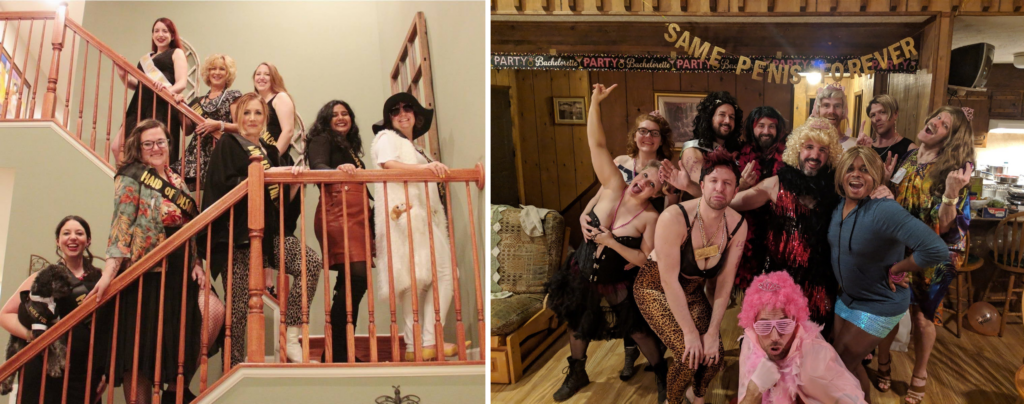 Night of Mystery | Bachelorette Party Games That Make The Last Single Night Legendary A bachelorette party celebration featuring groups of friends posing together on a staircase and under party banners.