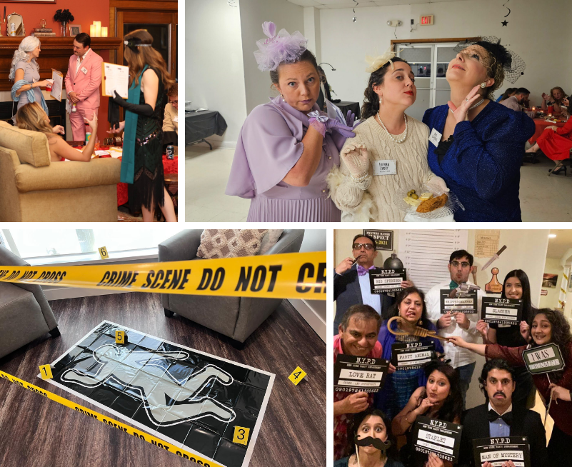 Night of Mystery | Clue Themed Party: A Whodunit Night With Colorful Characters And Hidden Weapons A collection of images showcasing various themed murder mystery parties, including 1920s Gatsby galas and retro 1980s celebrations.