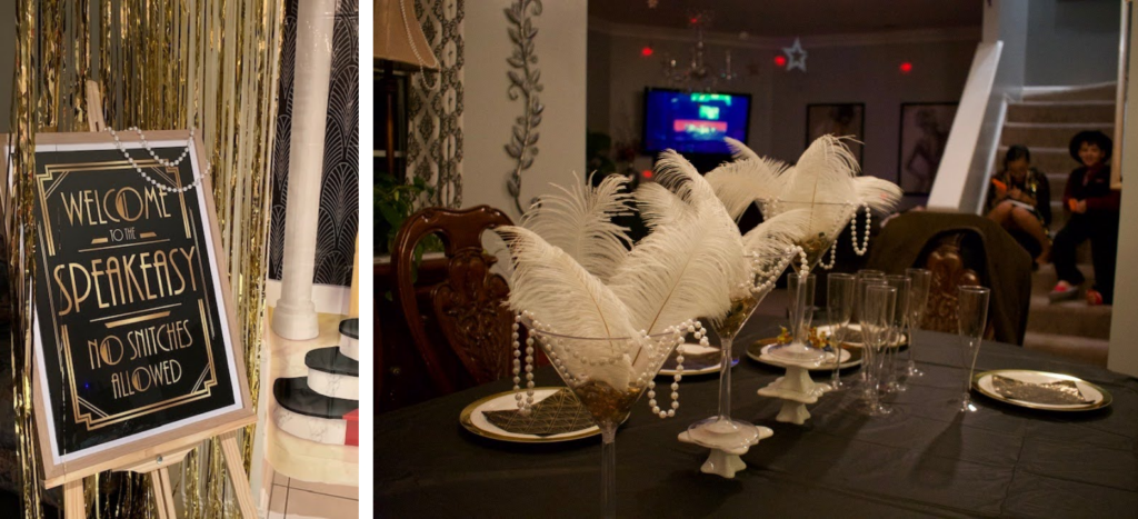 Night of Mystery | Speakeasy Party Ideas For A Prohibition-Era Mystery Night A collection of photos showcasing a 1920s speakeasy-themed murder mystery party, featuring elegant table decorations and a grid of guest mugshots holding suspect signs.