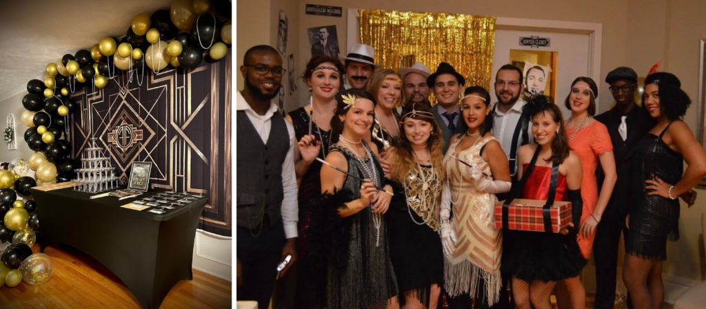 Night of Mystery | Speakeasy Party Ideas For A Prohibition-Era Mystery Night A glamorous 1920s Gatsby-themed murder mystery party featuring a black and gold balloon backdrop, champagne tower, and guests dressed in flapper and gangster attire.