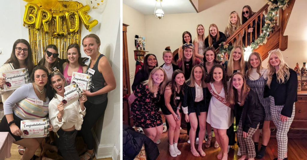 Night of Mystery | Bachelorette Party Games That Make The Last Single Night Legendary A large group of friends posing together and holding awards at a bachelorette-themed murder mystery party.