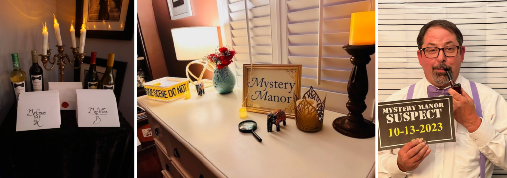 Night of Mystery | Clue Themed Party: A Whodunit Night With Colorful Characters And Hidden Weapons A mansion-themed murder mystery party featuring guests in character costumes alongside themed props, decorations, and suspect photos.