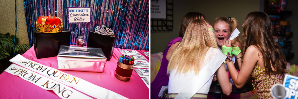 Night of Mystery | Sweet 16 Party Ideas: Make Her Birthday The Mystery Of The Year A prom voting station with crowns and sashes next to a group of excited girls gathering around a table at a dance or party.